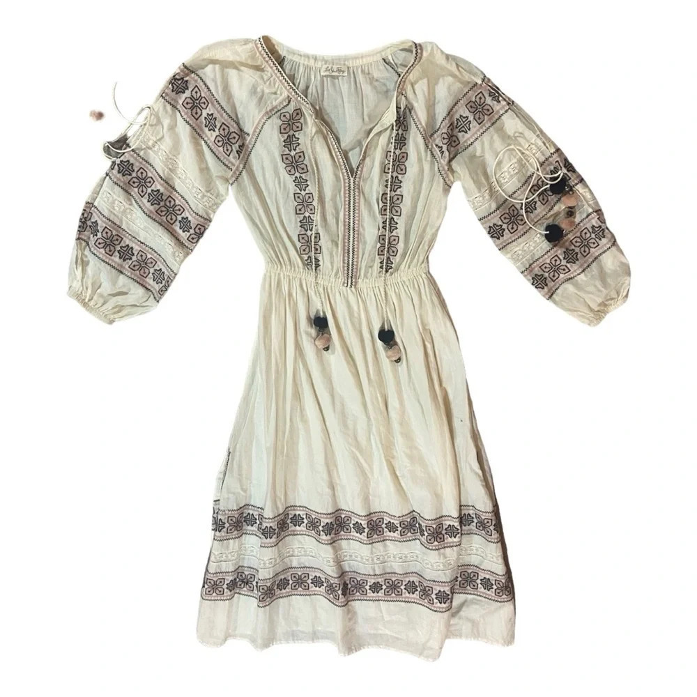 Loveshackfancy Isla Embroidered Boho Pop Pom Midi Dress $395 100% Cotton Small